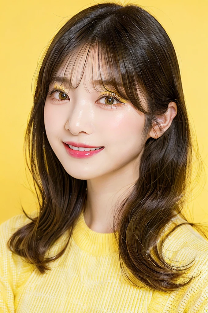 (((big laugh))), high-level image quality、20 year old Korean girl photo, raw, cute face, ((Portrait)), ((Detailed face:1.2)), ((A detailed face Characterized by fine skin), pale skin, , (cold color), moist, moist, reflector stay piece) (perfectly proportions)(photos realistic)(Best Quality) photographed in a Canon EOS R5, 50mm Lens,(8K), very long upper eyelashes、Very long lower eyelashes、Detailed lashes、Curled eyelashes、eyelash perm、Beautiful lashes, Glamorous makeup、Natural eyes、Oku Duplex、very beautiful eyelashes, (dull yellow background:1.4),