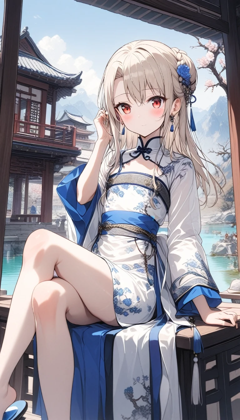 1girl,(illyasviel von einzbern),red_eyes,cream hair,(french braid),smile,blush,flower,beautiful detailed_background,small breasts,butterfly,((blue and white porcelain gorgeous qipao,china dress,chinese clothes,dress),gold trim,floral print,(spank skirt),jewelry,earrings,explicit,flower,general, hair_ornament,peach blossom,long_hair,looking_at_viewer,pantyhose,print dress,solo,thighband pantyhose,questionable,sensitive,solo,tassel,tassel_earrings,(spring),Chinese style architecture, Chinese style, lake, ancient town, beautiful and meticulous water, (Fishing boat), pavilion,steam,Surrounding by falling peach blossoms petals,
