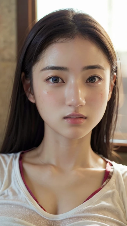 (Photorealistic:1.4)、(hyper Realistic:1.4)、(Realistic:1.3)、(Smooth lighting:1.05)、(映画の照明Improvement of quality:0.9)、32k、20-year-old girl、Realistic lighting、Facial Light、Ray Tracing、(Bright light:1.2)、(Improvement of quality:1.4)、(Highest quality Realistic textured skin:1.4)、Finely tuned、Detailed face、Beautiful big eyes、(tired, Sleepy and satisfied:0.0)、 Face close-up、T-Shirts、(Enhances the body line:1.1)、(Enhances the beauty of skin texture:1.1)、