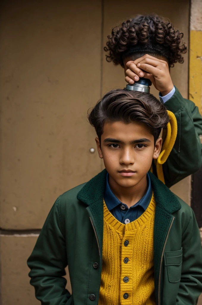 Boy male male 14 year old Peruvian square face hair with curlers a line in the middle, contestura thick dark green school jacket with mustard