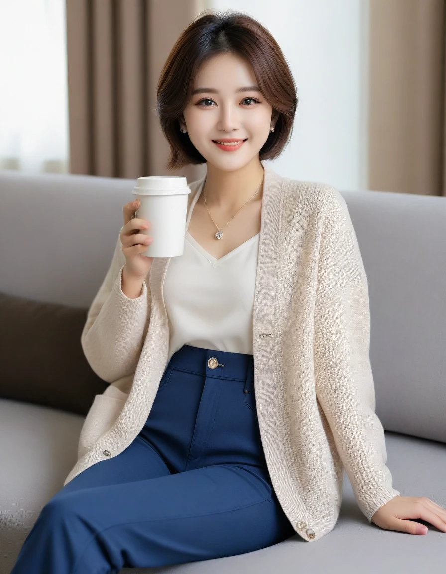 Beautiful Korean Woman, 32 inch chest size, Wearing a cardigan with a blouse, casual pants, short medium hair, Smile. necklace, sit on the sofa and drink coffee, porcelain coffee cup, uhd