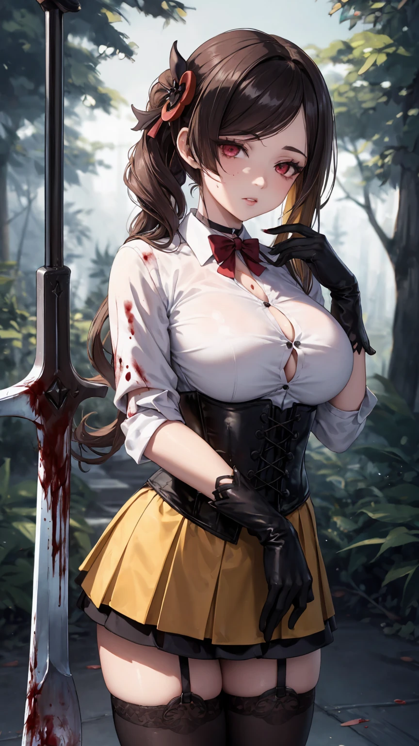 ((blood droplets)), ((blood)), ((blood splatter)), ((blood on clothes)), ((blood stain)), Masterpiece, Beautiful art, professional artist, 8k, Very detailed face, Detailed clothing, detailed fabric, 1 girl, Chiori \(genshin impact\), front view, standing, perfectly drawn body, big breasts, shy expression, pale skin, beautiful face, long black hair, 4k eyes, very detailed eyes, pink cheeks, choker:1.6, (white collar button down long sleeve shirt), black gloves, gloves that cover hands, (holds an ax with his right hand), (black leather corset), (shiny black tight mini skirt), Sensual Lips , evening de invierno, show details in the eyes, looking at the viewer, Dark road, dark forest, evening, Atmosphere, fog