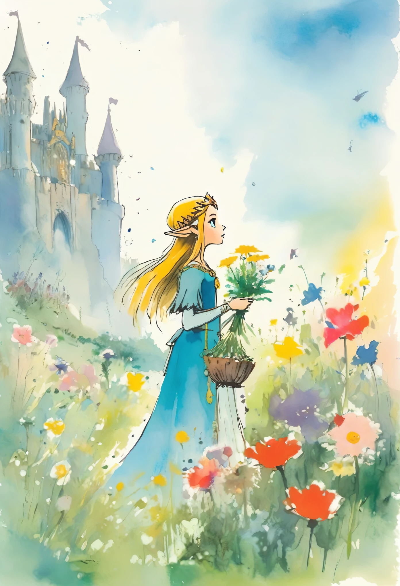 Quentin Blake style photo , princess Zelda, picking flowers, Fairytale worldview, high resolution, Beautiful face, top-quality, ​masterpiece, highly detailed