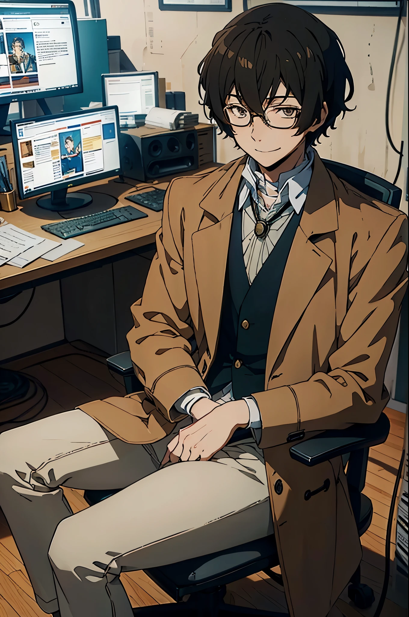 8K, Best Quality, Ultra High Resolution, young man, Bungo Stray Dogs, Anime guy, Handsome, wearing a long brown trench coat, sitting at a desk in front of a PC monitor inside a warehouse office, sitting down, ((Sitting On A Computer Chair)) brown hair, (short length hair, disheveled hair), brown eyes, flowing hair, wearing glasses, casual outfit, ************, young man, ill, frail, geek, tall statured, coy smile, 