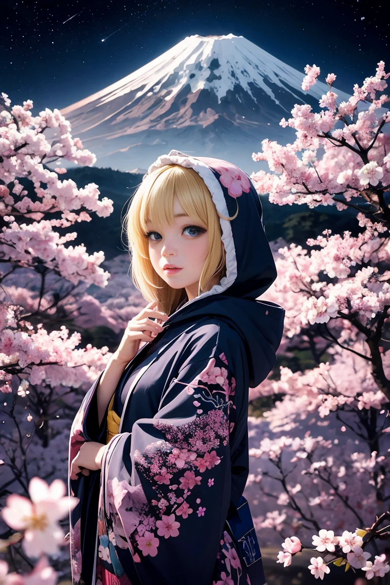 One girl,(blonde_hair:1.1),(zenTangle, Mandala, Tangle, enTangle:0.6),(Fractal Art),The most beautiful form of chaos,Brutalist Design, The most beautiful、A Harajuku-style hooded kimono with attention to detail, Cherry blossoms blowing in the wind, Charmed, beautiful, psychedelic, Atmospheric, universe ,Mount Fuji in the background