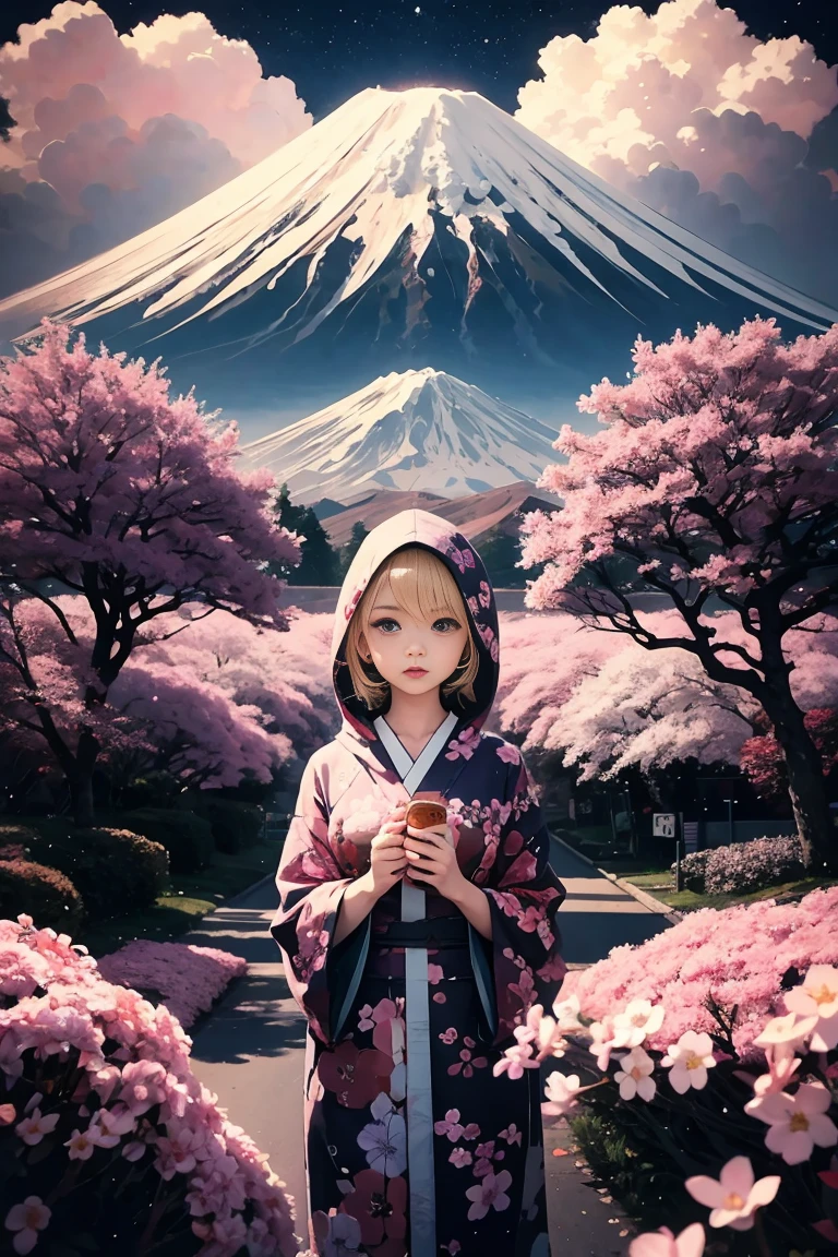 One girl,(blonde_hair:1.1),(zenTangle, Mandala, Tangle, enTangle:0.6),(Fractal Art),The most beautiful form of chaos,Brutalist Design, The most beautiful、A Harajuku-style hooded kimono with attention to detail, Cherry blossoms blowing in the wind, Charmed, beautiful, psychedelic, Atmospheric, universe ,Mount Fuji in the background