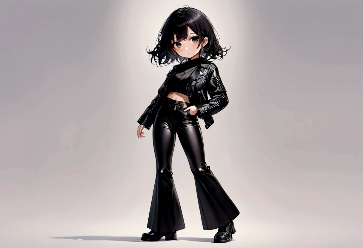 A black-haired girl in flared leather pants and a leather jacket, full body 