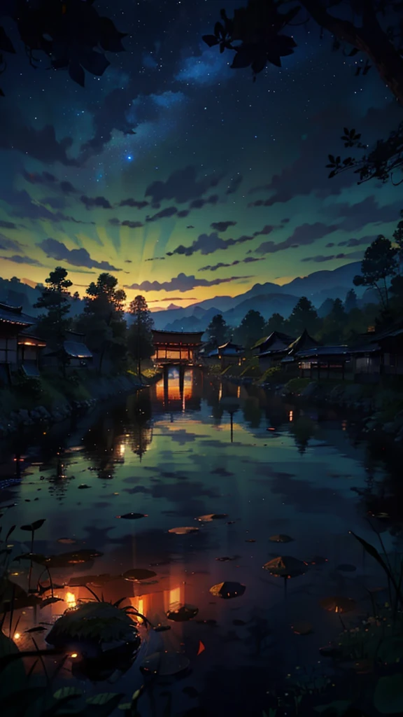 Horror, bloody Clouds, Runway: 1.2, Tree, Shooting Star, Small Waterhole, Reflection, Shady, Sunlight, Wide Angle, Best Quality, 8K, Perspective, Depth of Field, High Resolution, Fine Detail, Ultra Detail, Sharp Focus, village Japan