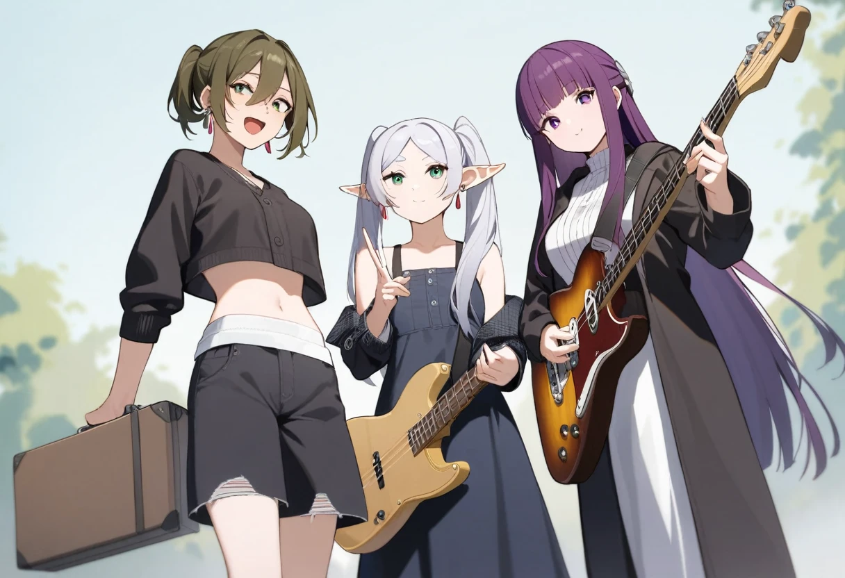 masterpiece,best quality,3girls, fern \(sousou no frieren\), frieren, Ubel\(sousou no frieren\), feet out of frame, holding bass and guitar, looking at viewer, smile, closed mouth, open mouth, black jacket, tanktop,frayed denim,sunglasses,earrings,highres, invisible chair, sousou no frieren, suitcase