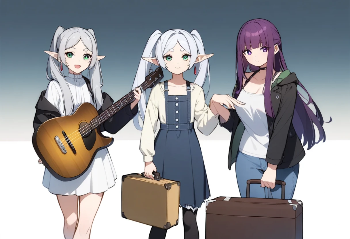 masterpiece,best quality,3girls, fern \(sousou no frieren\), frieren, Ubel\(sousou no frieren\), feet out of frame, holding bass and guitar, looking at viewer, smile, closed mouth, open mouth, black jacket, tanktop,frayed denim,sunglasses,earrings,highres, invisible chair, sousou no frieren, suitcase