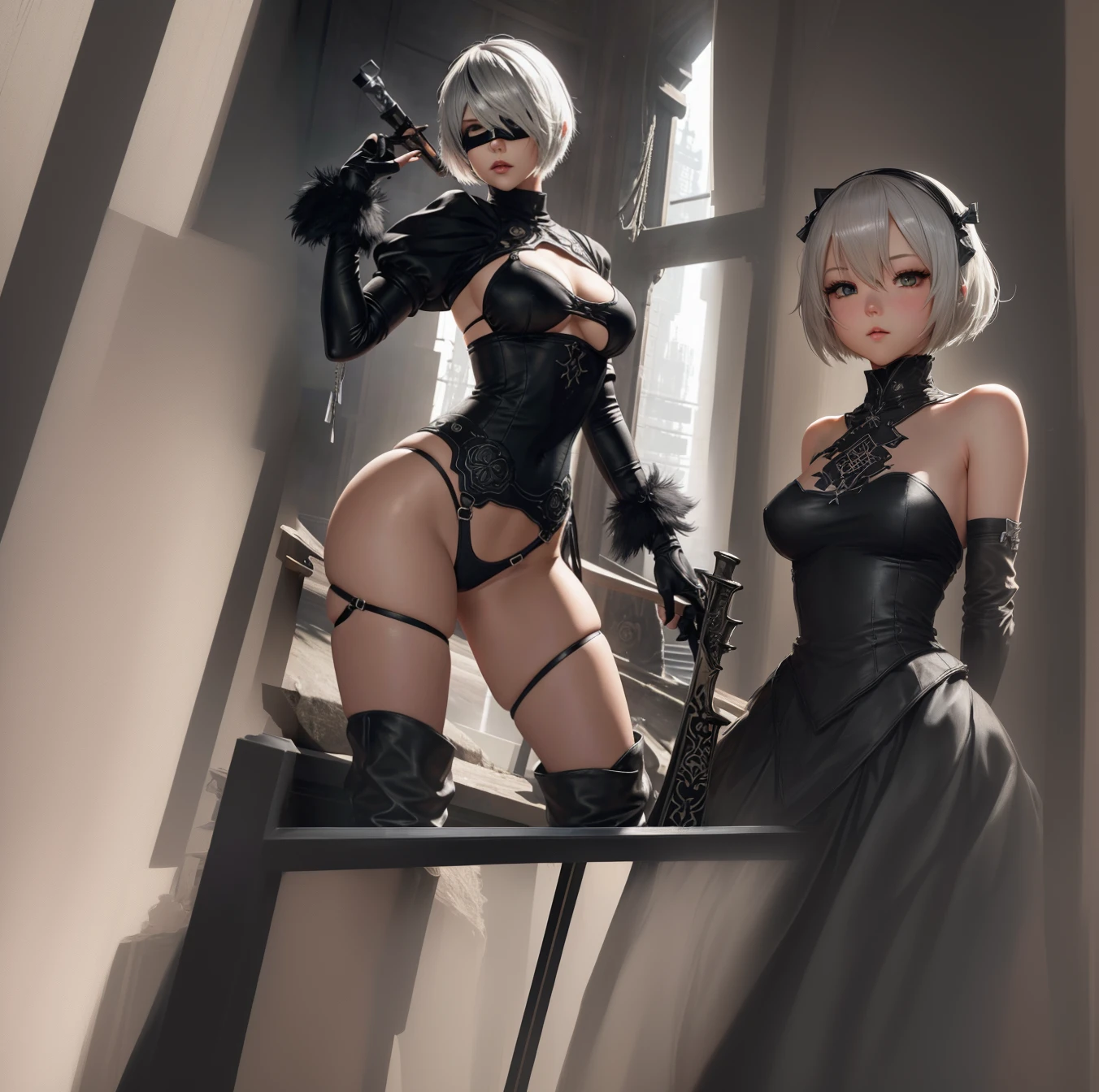 Anime girl with sword and black outfit posing for a photo、2B Nier オートマトン、Nier:Automaton Inspired、Nier オートマタ インスパイア、Nier オートマタの 2 B、Nier オートマタの 2b、2 b、Nier インスパイアー、Nier 2 b、Bad anime 8k、Nier、Female Assassin、8k high quality detailed art