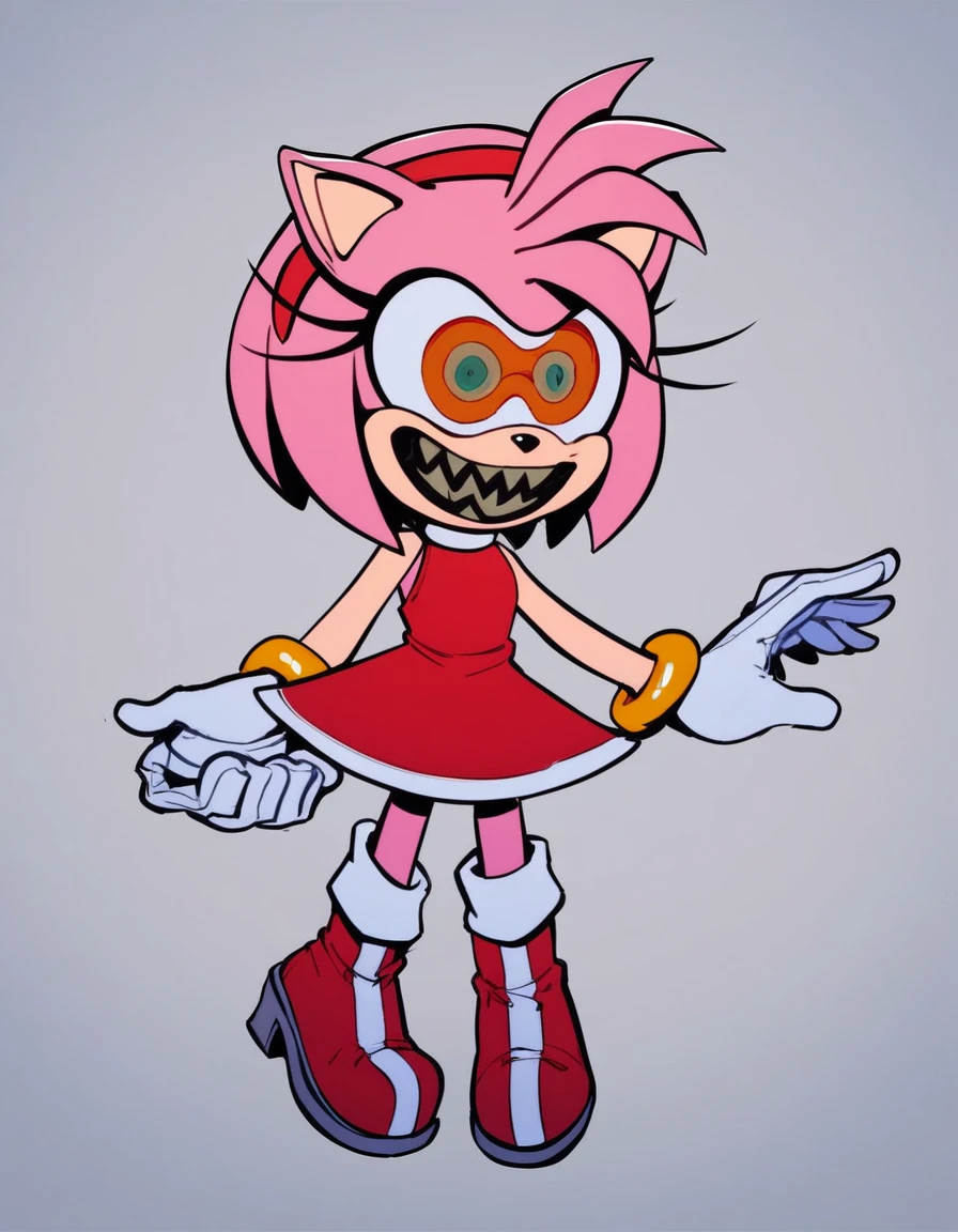 posessed_amy, 1girl, solo, smile, open mouth, simple background, gloves, dress, animal ears, bare shoulders, standing, full body, pink hair, sidelocks, hairband, boots, shoes, teeth, sleeveless, white gloves, flat chest, bracelet, sleeveless dress, short dress, red dress, sharp teeth, red footwear, furry, furry female, red hairband, body fur, animal nose, pink fur, amy_rose, sharp teeth