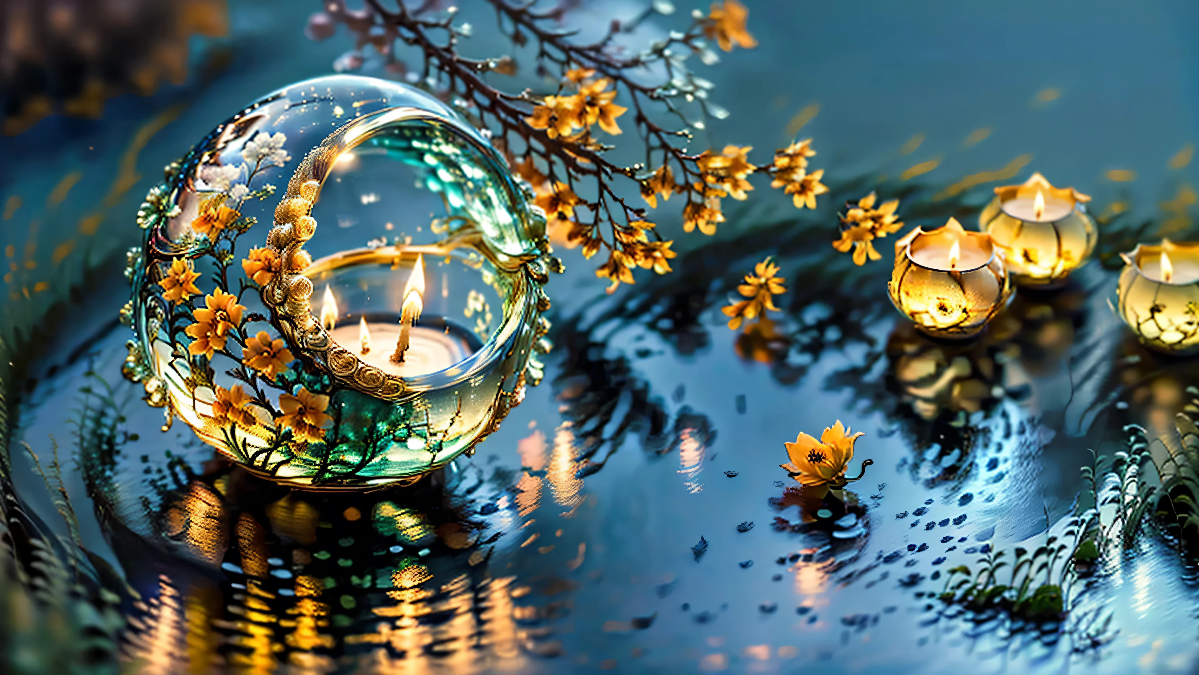 A candle is lit in the middle of the pond, Moon and candle, night with Moon and candle, Peaceful atmosphere, Calm evening atmosphere, Peaceful mood, Very beautiful photos, very Peaceful mood, Soft moonlight lighting, Relaxed atmosphere, Beautiful moonlight, relaxed mood, Peaceful and serene, Sweet Night Ambient, Dreamy atmosphere of a moonlit night