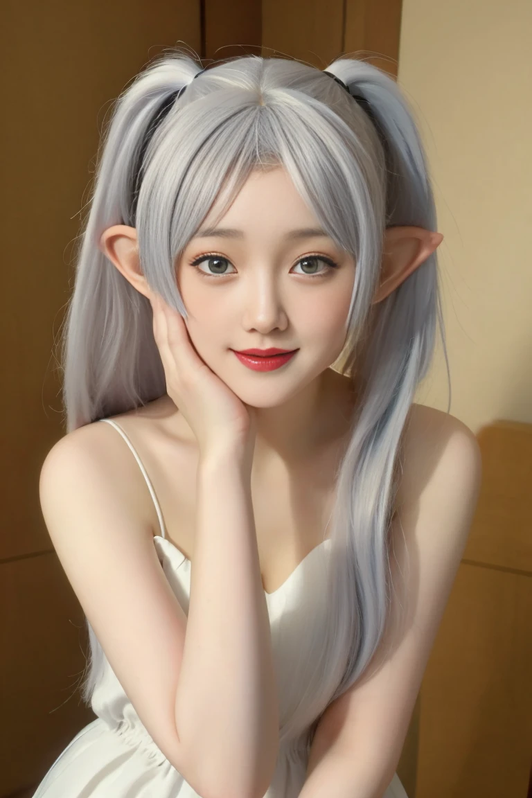 best quality, tmasterpiece,Ultra-high resolution,Clear face,（Reality：1.4），ferpect lighting，(full body photo), (photorealistic:1.50), anime wallpaper, Guviz style artwork, cover-up fantasy up to magic , by Yang J, Guviz, beautiful artwork illustration, beautiful digital artwork, beautiful digital illustration, Li Song, beautiful anime portrait, art style in Beauvot, 1girl, 独奏, green eyes, Double eyelids, Blush, Cheeks flushed, 24yo chinese female, 
jewelry, earrings, hair ornament, 
long hair, (twintails), white hair, hair ribbon, (pointed ears:1.3), Ears are very pointed,
looking at viewer, light smile, full body, photo background, outdoors, white dress, Bare shoulders, sleeveless, standing,
 