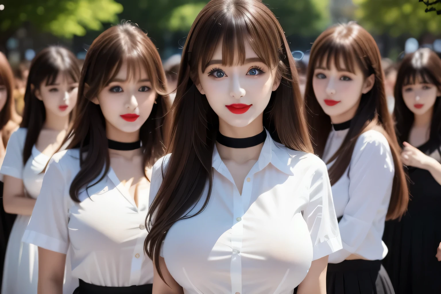 crowd, Many women, Crowded, Long Hair, Brown Hair, sexy, ((A line of women, Women waiting in line, Girls only)), Sisters, ((Tight ivory white uniform shirt)),Full body photo:1.9, Adorable, smile, Slim face, Slim body, 32k, masterpiece, Best image quality,Ultra-high resolution,Perfect hands,Black Choker、blue eyes、bangs、Very lush and long eyelashes, Lots of girls、((Big Breasts)), Dependents, Big Breasts, Red lipstick、terrace, blue sky、Pan Focus、A photo where everyone is in focus