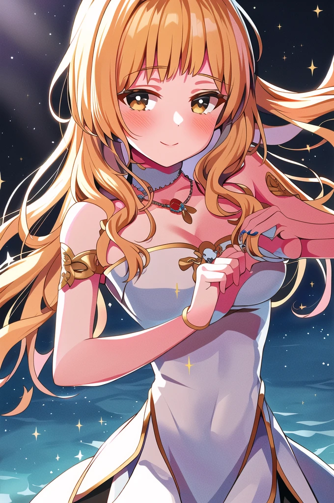 In the heartwarming image captured by the talented artist @souichiro, Hime, a radiant young woman with a captivating aura, is depicted as if she is the very embodiment of love and life itself. Her bewitching blonde locks cascade down her shoulders in soft waves, shimmering under the 4k, high-resolution lens. The masterpiece portrays Hime solo, her enchanting face adorned with expressive eyes that sparkle with excitement and emotion. She dons a simple yet elegant top, the material finely detailed and shimmering under cinematic lighting. A delicate necklace and bracelet accent her slender wrist, while