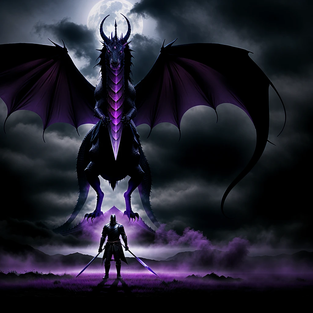 the black silhouette of a knight carrying a sword, standing in front of a creature with black scales and beautiful purple eyes, the creature resembles a dragon, which surrounds it with a beautiful purple mist, like a movie from the 1970s.