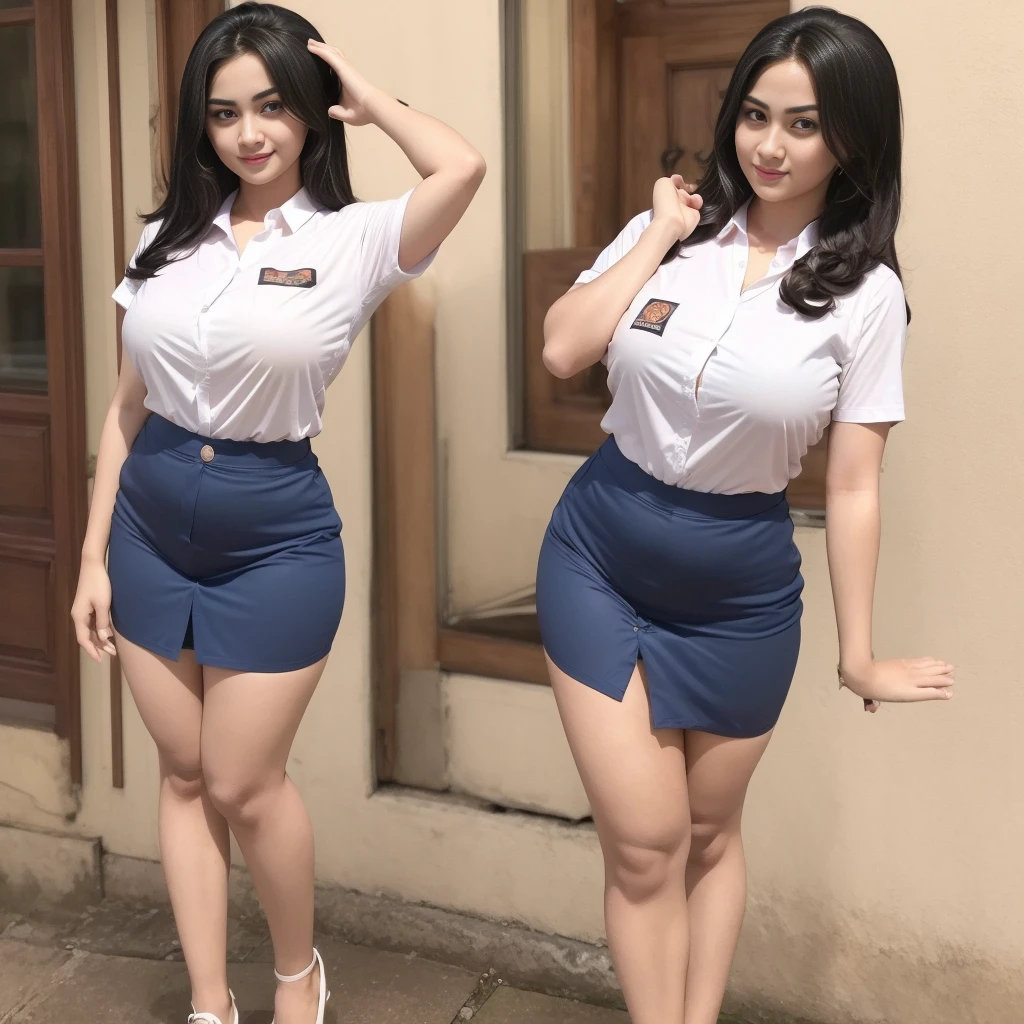 1girl, (Indonesian_high_school_uniform), distance from audience, detailed face, detailed eyes, thick huge breasts, detailed skin, looking at the audience, clear light, (8k, RAW photo, best quality, masterpiece: 1.4), (realistic, realistic: 1.37), ultra-high resolution, photorealistic, high resolution, solo, wide muscular hips, realistic face, (detailed face), sexy pose, black hair Color, camera shot from under, (busty), clean armpit, six pack belly, large breasts, full body angle, 19-years-old-girl, perfect thighs, muscular thighs, muscular arms, standing, wearing sexy short skirt, wearing tight closed-button shirt, asian goddess, long hair, straight hairstyle, muscular belly, thick wide muscular hips, muscular arm, full body view, curvy body, tall body, smooth body, smooth legs, smooth skin