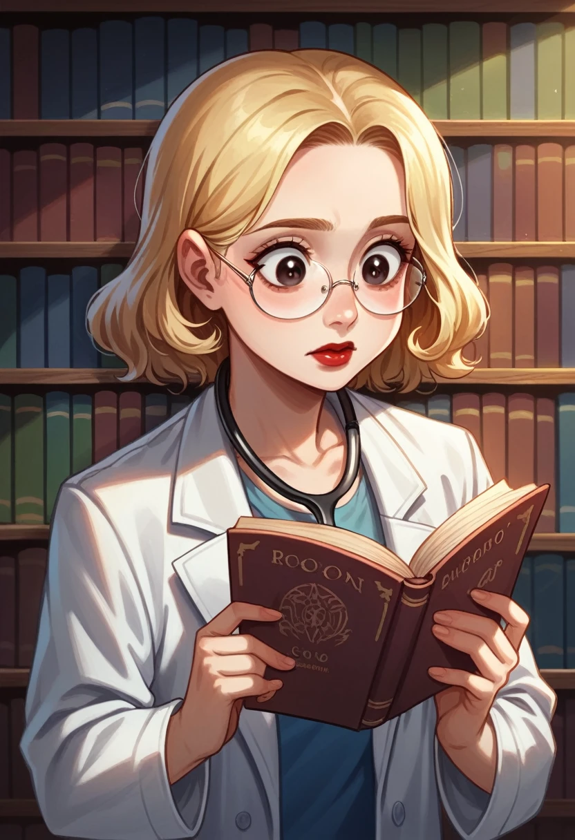 best quality, ultra details), a woman reading a nursing book ,Round face, looking 35 years old, beautiful detailed eyes, (eyes browns:), short wavy blonde hair,beautiful detailed red lips, corpo mid size,studying , a quiet library, soft natural lighting, Shelves full of books, square and black reading glasses , concentrated expression, Round face, corpo mid size, white labcoat,stethoscope around the neck, dramatic light (best quality, ultra details),