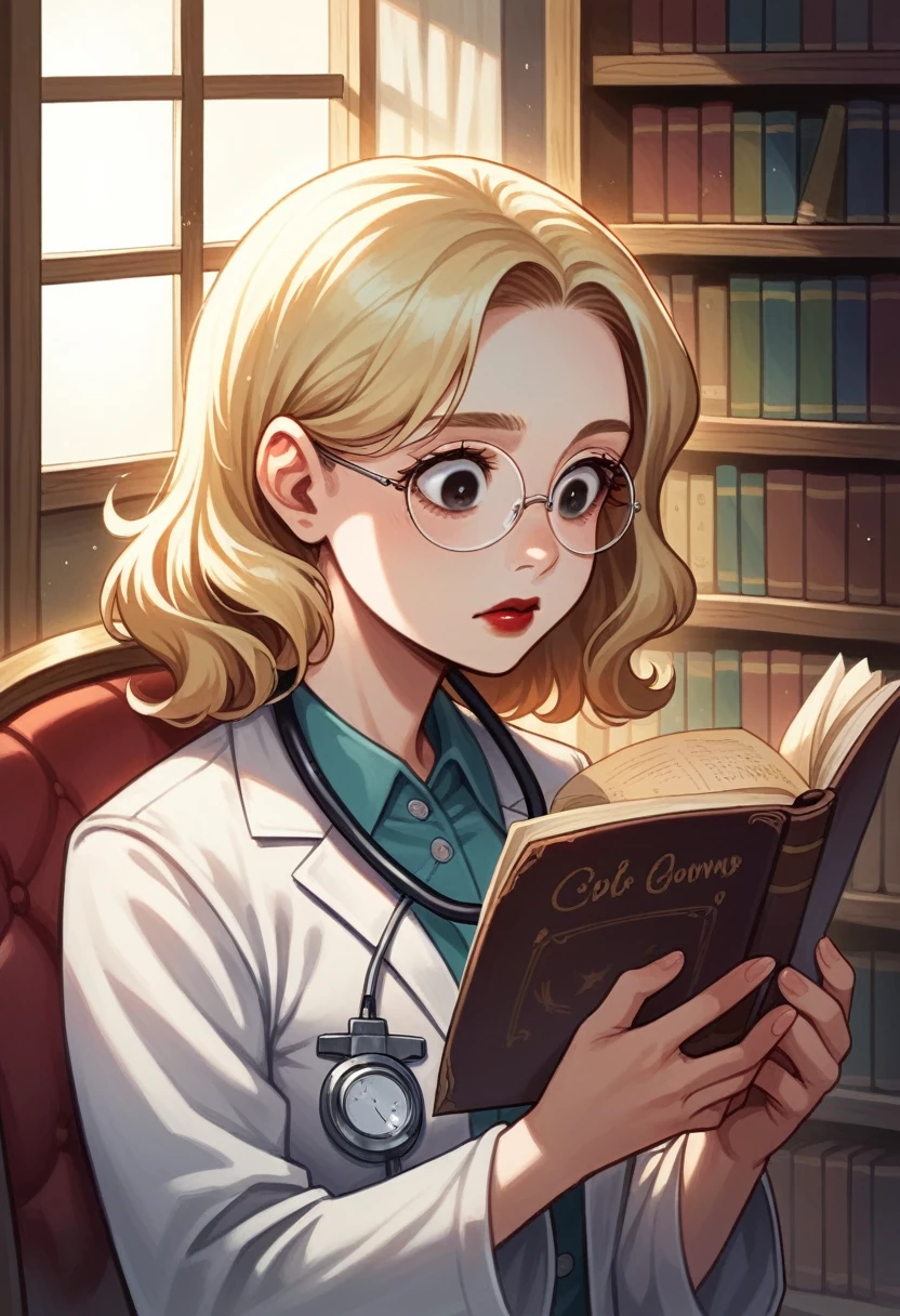 best quality, ultra details), a woman reading a nursing book ,Round face, looking 35 years old, beautiful detailed eyes, (eyes browns:), short wavy blonde hair,beautiful detailed red lips, corpo mid size,studying , a quiet library, soft natural lighting, Shelves full of books, square and black reading glasses , concentrated expression, Round face, corpo mid size, white labcoat,stethoscope around the neck, dramatic light (best quality, ultra details),
