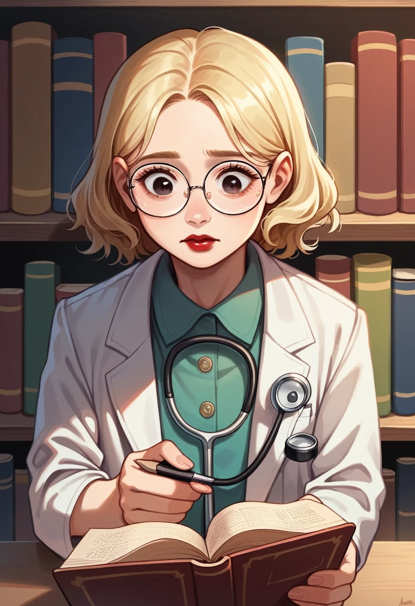 best quality, ultra details), a woman reading a nursing book ,Round face, looking 35 years old, beautiful detailed eyes, (eyes browns:), short wavy blonde hair,beautiful detailed red lips, corpo mid size,studying , a quiet library, soft natural lighting, Shelves full of books, square and black reading glasses , concentrated expression, Round face, corpo mid size, white labcoat,stethoscope around the neck, dramatic light (best quality, ultra details),