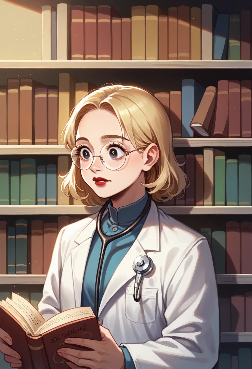 best quality, ultra details), a woman reading a nursing book ,Round face, looking 35 years old, beautiful detailed eyes, (eyes browns:), short wavy blonde hair,beautiful detailed red lips, corpo mid size,studying , a quiet library, soft natural lighting, Shelves full of books, square and black reading glasses , concentrated expression, Round face, corpo mid size, white labcoat,stethoscope around the neck, dramatic light  (best quality, ultra details),
