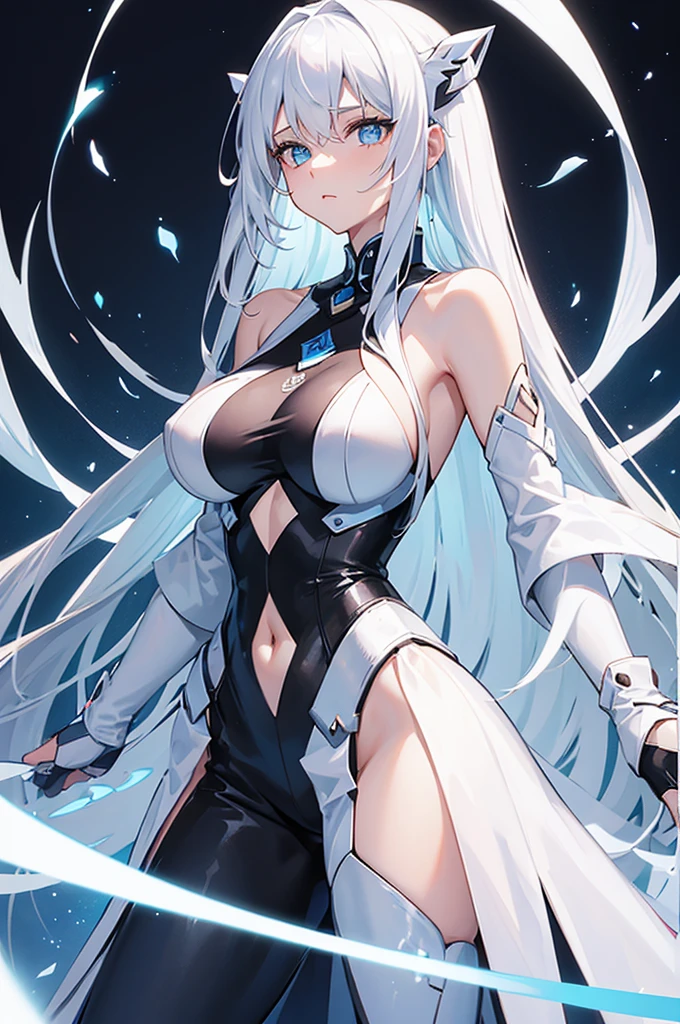 A girl，White long hair，Dissemination，Blue pupils，Big breasts，Humanity，gentle，