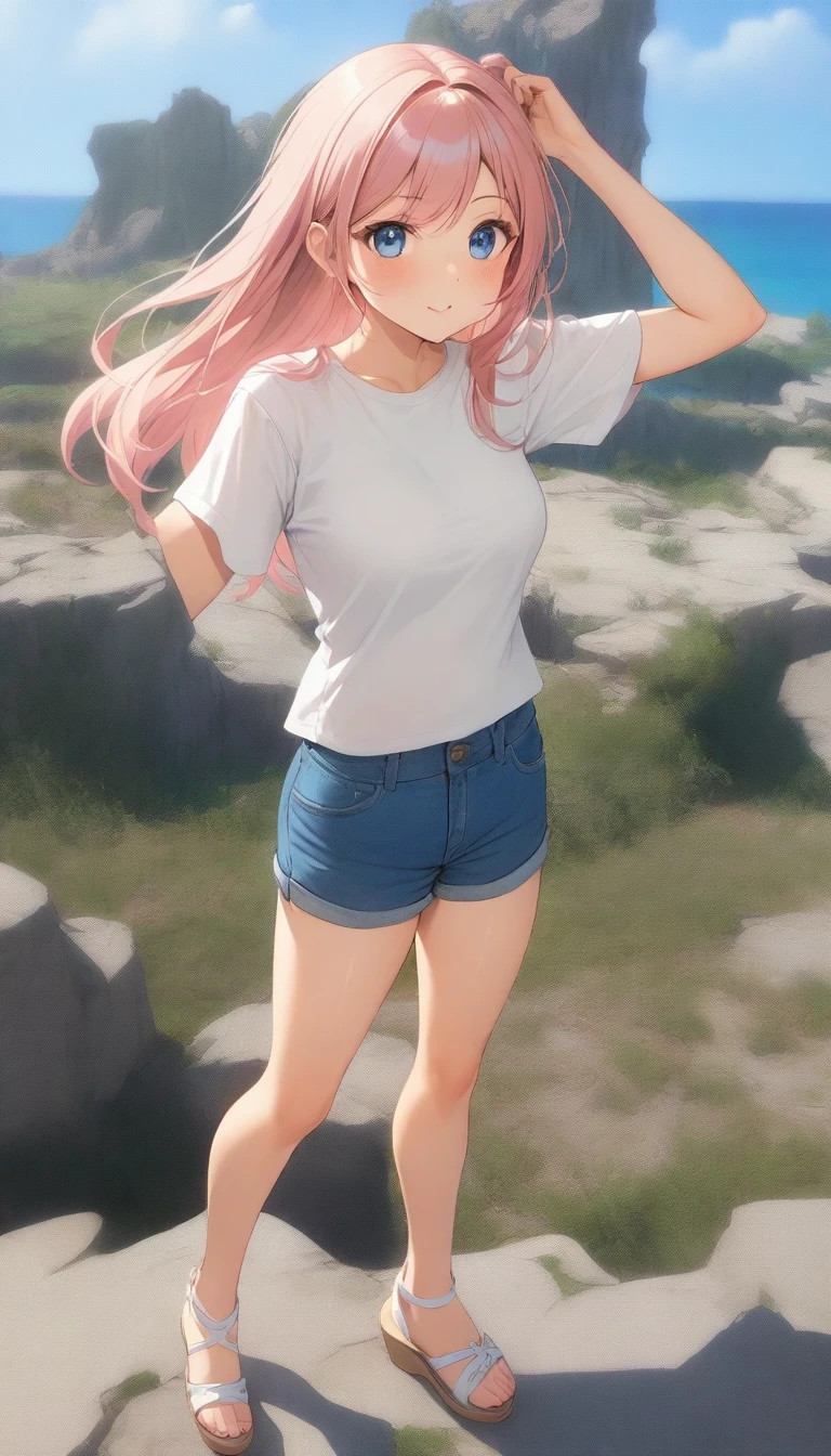 ((Highest quality、、masterpiece:1.3)), Upper Body、Long legs、Sharp focus:1.2, Beautiful woman with perfect figure:1.4、Big Breasts, (Smiling:1.2), double eyelid、30-year-old female、Sexy pose、((((Uninhabited island、ruins、Close your mouth、Standing woman、T-Shirts、Shorts、Sandals:1.5))))、Blue Eyes,