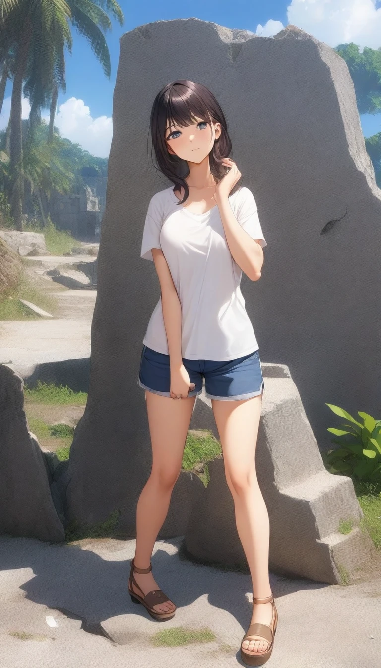 ((Highest quality、、masterpiece:1.3)), Upper Body、Long legs、Sharp focus:1.2, Beautiful woman with perfect figure:1.4、Big Breasts, (Smiling:1.2), double eyelid、30-year-old female、Sexy pose、((((Uninhabited island、ruins、Close your mouth、Standing woman、T-Shirts、Shorts、Sandals:1.5))))、Blue Eyes,