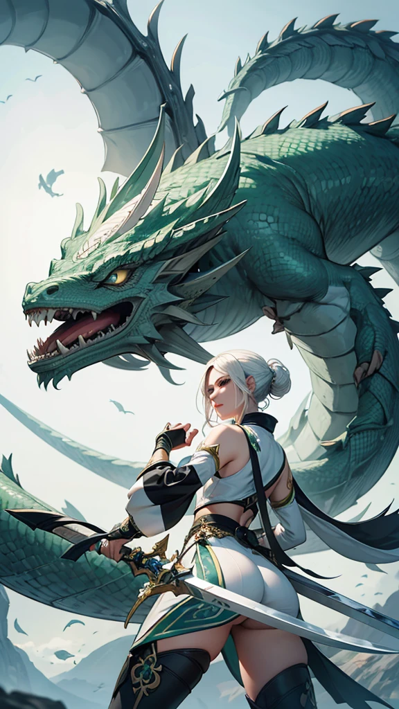 work of art, best qualityer, ultra epic details, White hair, white eyelashes,gray eyes, greatsword, surrounded by a big ass.prido green chinese mythological dragon