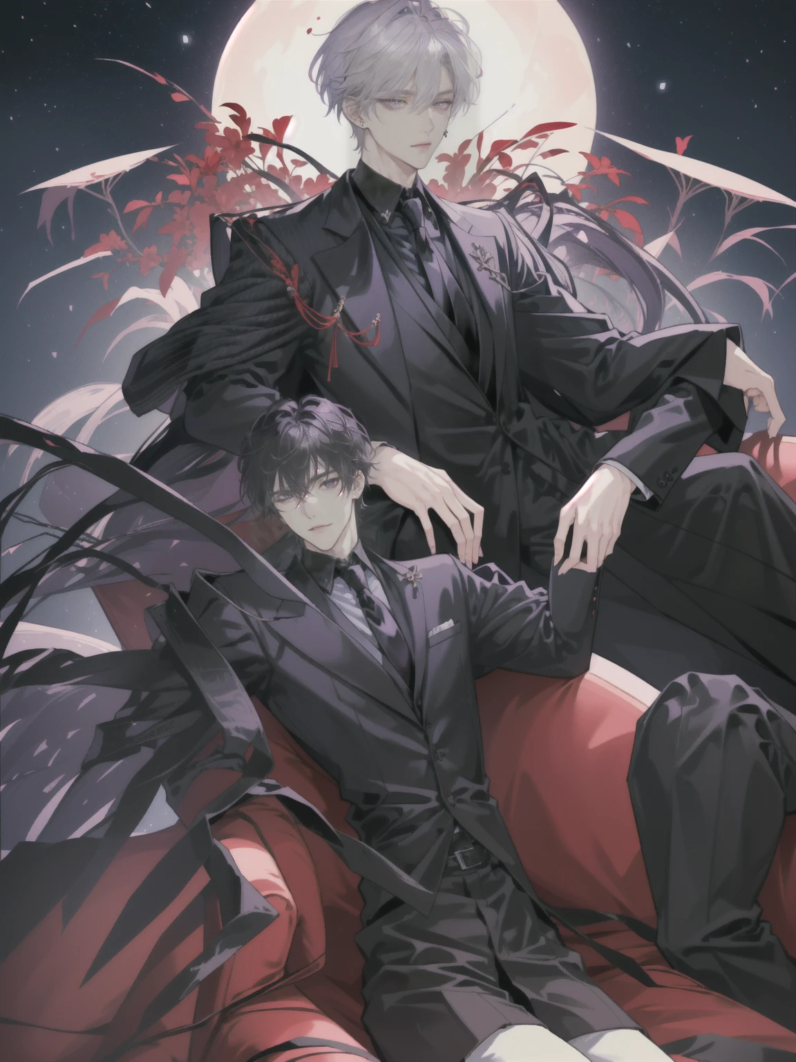 anime - style image of a man sitting on a red couch with a full moon in the background, delicate androgynous prince, beautiful androgynous prince, wearing a black noble suit, anime key visual of elegant, (masterpiece), best quality, seductive eyes, perfect face, handsome man, purple eyes, middle part haircut, short length white hair, black coat, grey suit, black necktie, full body, long legs, anime cover, 1boy, cross ear rings, hands in pockets