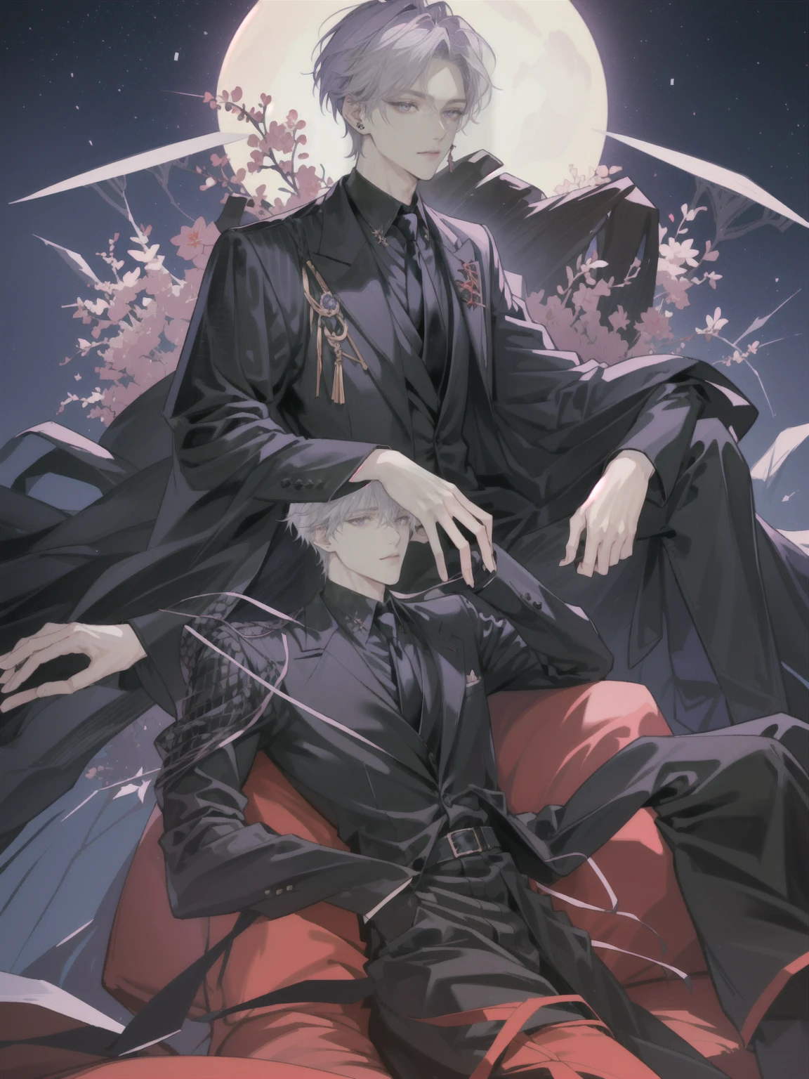 anime - style image of a man sitting on a red couch with a full moon in the background, delicate androgynous prince, beautiful androgynous prince, wearing a black noble suit, anime key visual of elegant, (masterpiece), best quality, seductive eyes, perfect face, handsome man, purple eyes, middle part haircut, short length white hair, black coat, grey suit, black necktie, full body, long legs, anime cover, 1boy, cross ear rings, hands in pockets