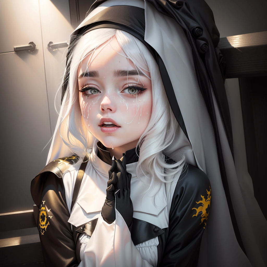 there is a woman with a white shirt and black and yellow dress, billie eilish as a nun, god ray across her face, billie eilish as a sad nun, hands on face, profile image, cream dripping on face, kailee mandel, ahegao face, her face flushing and sweat, she has a cute face, belle delphine