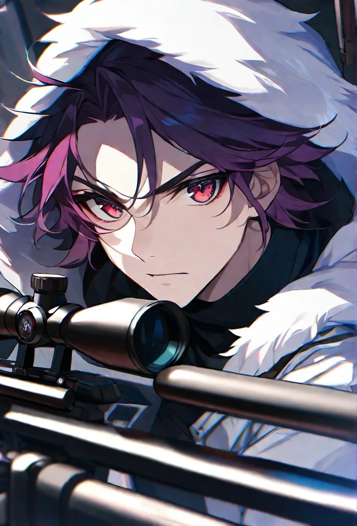 Solo, 1 male, short dark magenta hair, light red eyes, black shirt, white fur hood, sniper