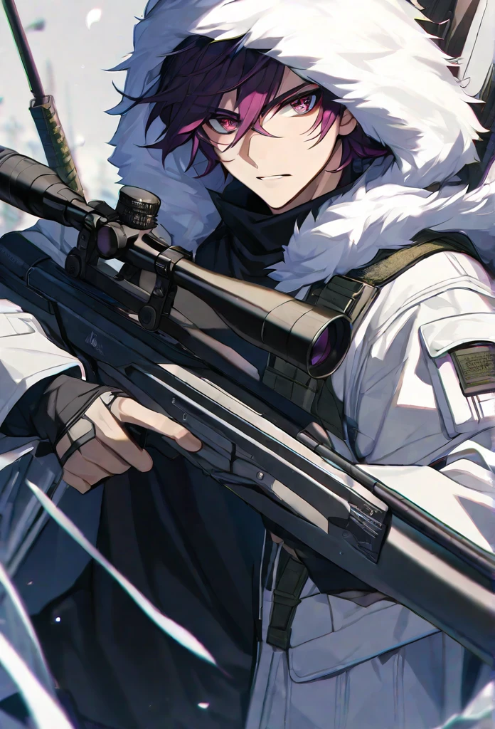 Solo, 1 male, short dark magenta hair, light red eyes, black shirt, white fur hood, sniper