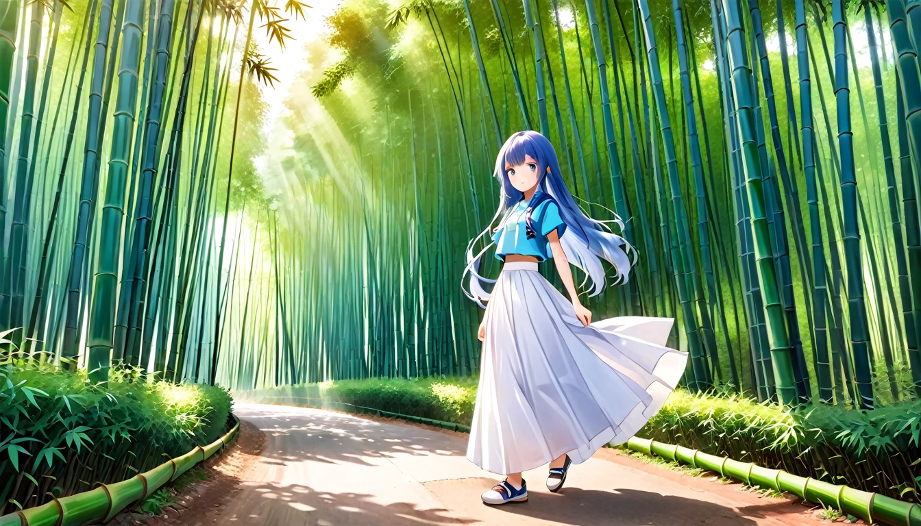 A 13-year-old girl,White long skirt,Blue long hair,bamboo forest,afternoon。