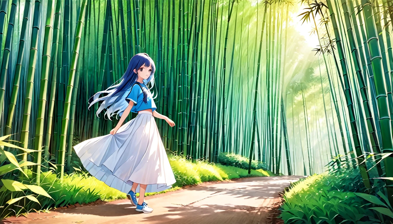 A 13-year-old girl,White long skirt,Blue long hair,bamboo forest,afternoon。