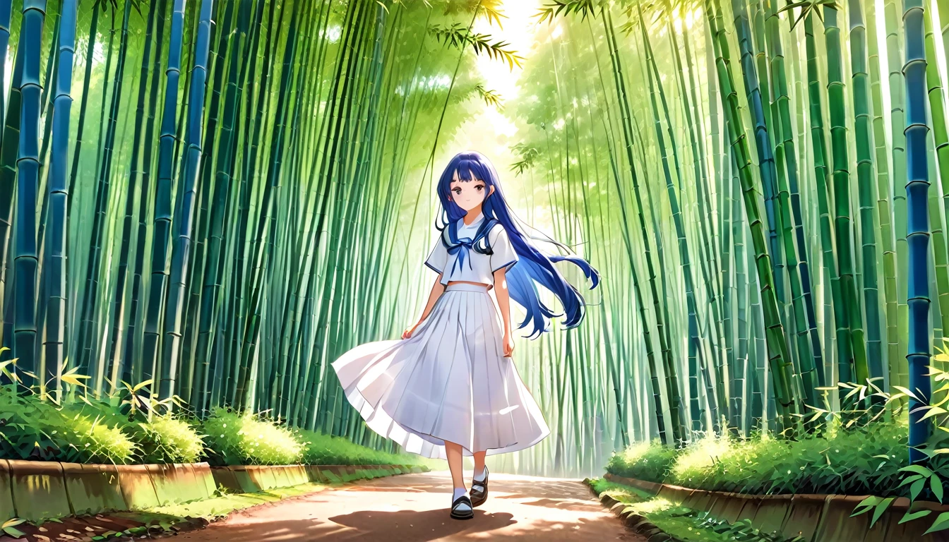 A 13-year-old girl,White long skirt,Blue long hair,bamboo forest,afternoon。