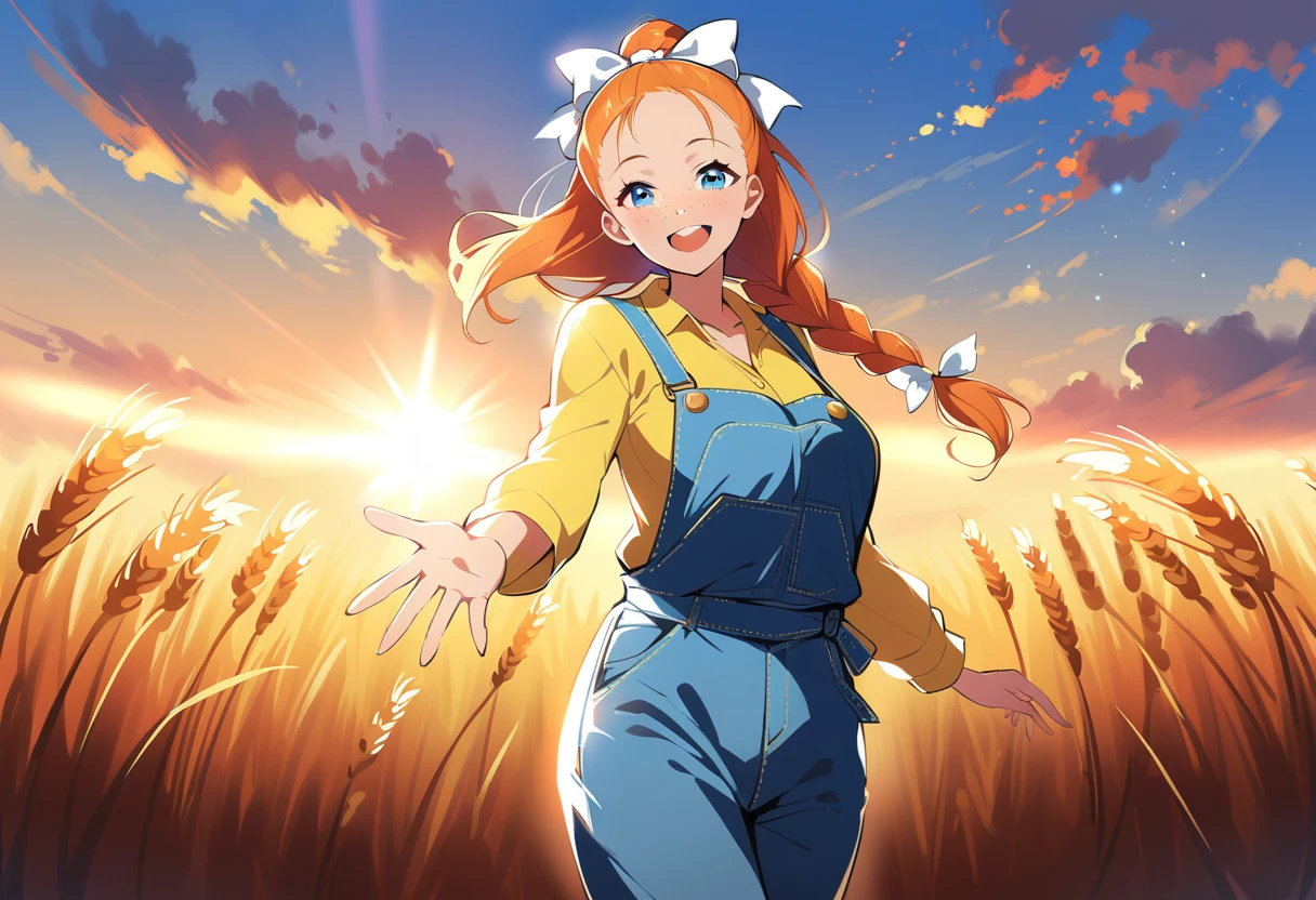 pewarnaan character, visual illustration, @ANN, aged up, 1girl, ponytail, braided ponytail, single braid, solo, (overalls), outdoors, sky, wheat, field, (blue overalls), smile, blue eyes, wheat field, looking at viewer, breasts, long sleeves, yellow shirt, orange hair, blonde hair, cowboy shot, collarbone, collared shirt, cleavage, denim, upper teeth only, medium breasts, forehead, standing, teeth, oversized clothes, long hair, partially unbuttoned, pants, oversized shirt, buttons, head tilt, flat chest, hair bow, white bow, tomboy, round teeth, plaid shirt, denim overalls, mature female, tall, tall female, slim body, freckles, twilight, cloudy sky, scenery, reaching, grass, floating hair, sunset, cloud, scenery, jeans, bow, hair ribbon, sparkle, sunbeam, light rays, highres, 4k, 8k, ann \(harvest moon\), ran \(bokujou monogatari\)
