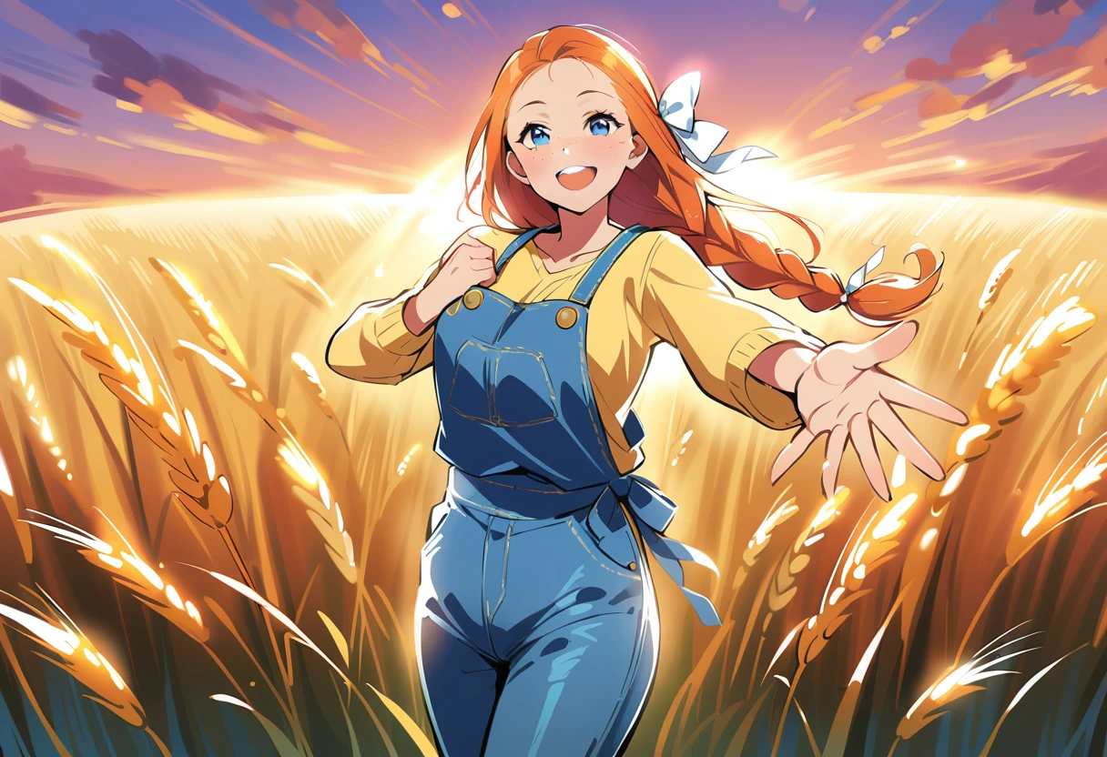 pewarnaan character, visual illustration, @ANN, aged up, 1girl, ponytail, braided ponytail, single braid, solo, (overalls), outdoors, sky, wheat, field, (blue overalls), smile, blue eyes, wheat field, looking at viewer, breasts, long sleeves, yellow shirt, orange hair, blonde hair, cowboy shot, collarbone, collared shirt, cleavage, denim, upper teeth only, medium breasts, forehead, standing, teeth, oversized clothes, long hair, partially unbuttoned, pants, oversized shirt, buttons, head tilt, flat chest, hair bow, white bow, tomboy, round teeth, plaid shirt, denim overalls, mature female, tall, tall female, slim body, freckles, twilight, cloudy sky, scenery, reaching, grass, floating hair, sunset, cloud, scenery, jeans, bow, hair ribbon, sparkle, sunbeam, light rays, highres, 4k, 8k, ann \(harvest moon\), ran \(bokujou monogatari\)