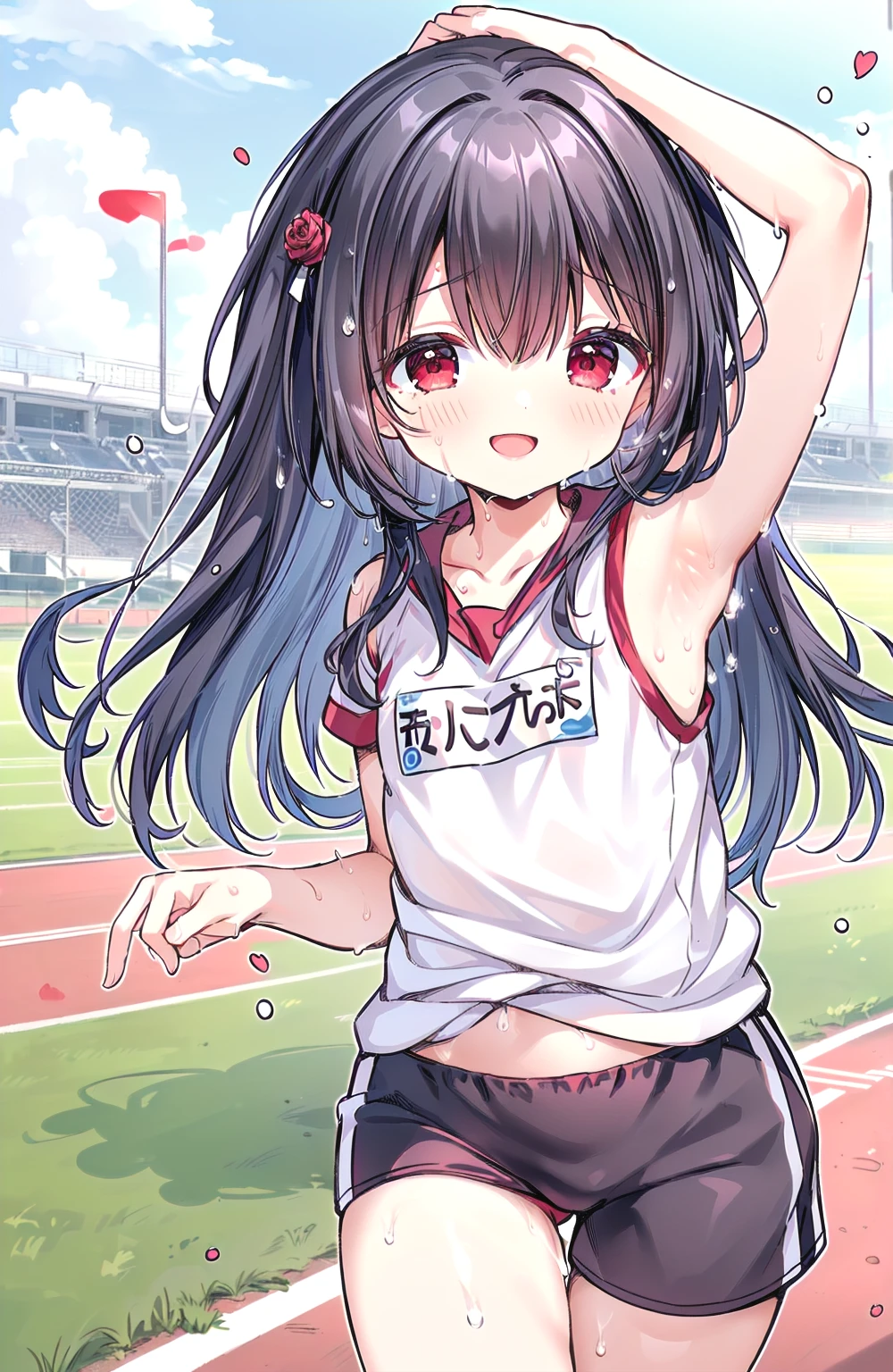 Very cute short , adolescent, (showing both armpits :1.2), (short height, , , Loli), (masterpiece, realistic, best quality:1), light, (detailed face, detailed eyes, detailed hair:1.1), ultra detailed, 8k, intricate details, 1girl, solo, anime, looking at viewer, (small girl, , side pits, sweat drips armpits, cute and petite:1.4), (exercising, running marathon, sports wear, gym clothes, track uniform, sweating profusely:1.3) cute flower headband, wearing rose necklace under the collarbone, detailed face, (red ruby eyes, very detailed eyes), very long black hair, elegant, brave and positive smile to viewer, pointing to viewer, eyes blinking at viewer, (on running track, school background at daylight:1.2)