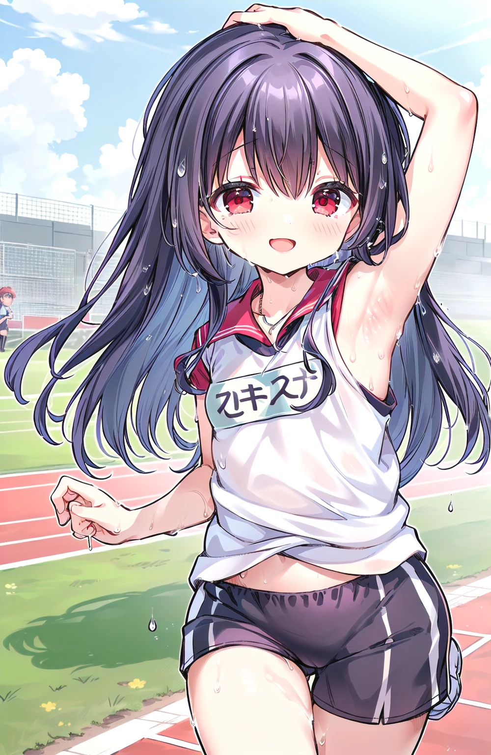 Very cute short , adolescent, (showing both armpits :1.2), (short height, , , Loli), (masterpiece, realistic, best quality:1), light, (detailed face, detailed eyes, detailed hair:1.1), ultra detailed, 8k, intricate details, 1girl, solo, anime, looking at viewer, (small  girl, , side pits, sweat drips armpits, cute and petite:1.4), (exercising, running marathon, sports wear, gym clothes, track uniform, sweating profusely:1.3) cute flower headband, wearing rose necklace under the collarbone, detailed face, (red ruby eyes, very detailed eyes), very long black hair, elegant, brave and positive smile to viewer, pointing to viewer, eyes blinking at viewer, (on running track, school background at daylight:1.2)