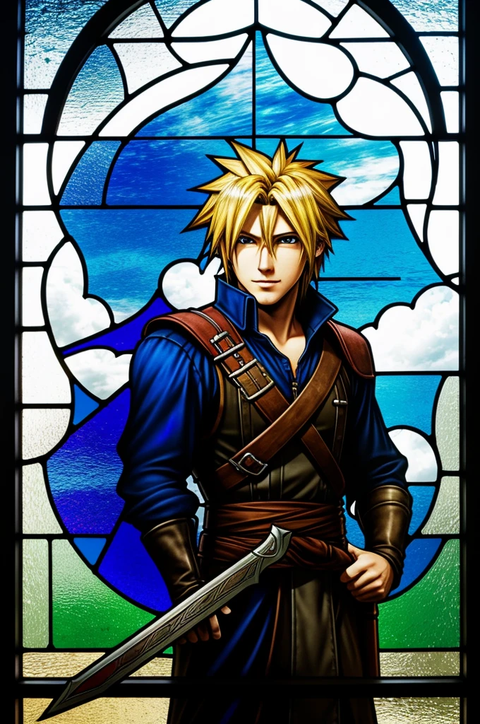 A detailed stained glass window of Cloud Strife