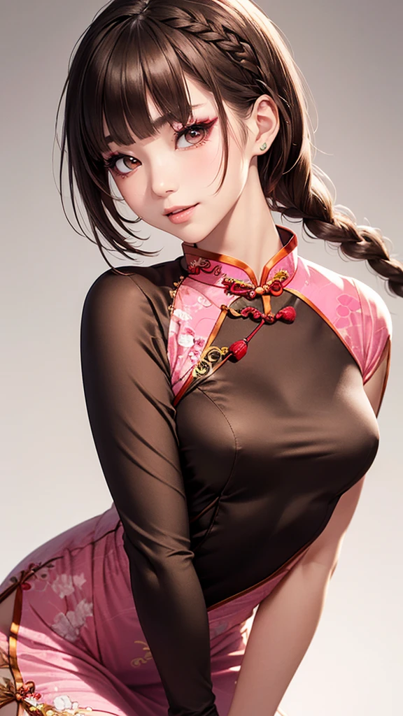 Realistic, masterpiece, Highest quality, Highest Resolution, Anatomically correct, Accurate Anatomy, One Japanese woman, Smile, Fine and beautiful eyes, iris, Sparkling eyes, Thin eyebrows, Gives lashes a delicate finish, False eyelashes, Chinese traditional makeup, (Braided hair, Blunt bangs, Brown Hair:1.2), Detailed face, Sharp Eyes, Chin up, Open your mouth, Cheeks pink, (Classic pink cheongsam, No sleeve, Lavish decoration:1.3), Upper body photo, Leaning forward, Blank background in warm colors