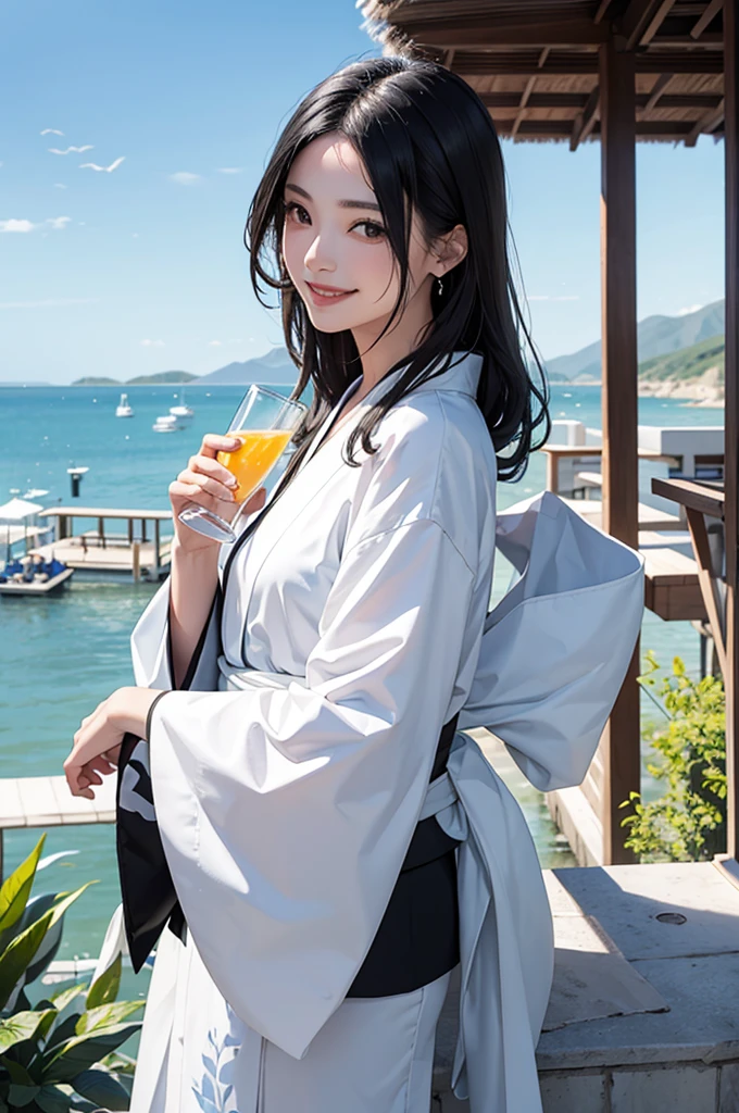 Smiling beautiful woman with black hair and white kimono drinking water under the blue sky