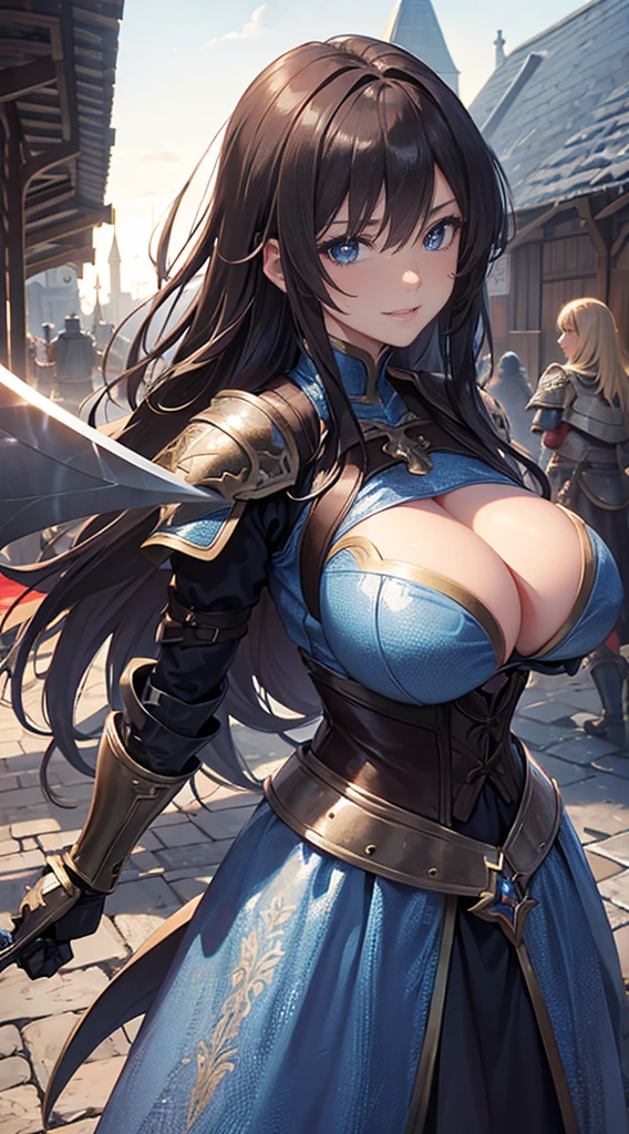 ((Extremely detailed)), 4K, ((cinematic lighting)), (cinematic fighting pose), Close up, fantasy world, medieval, cobblestone city, wooden stone houses, snow, marketplace, market stalls, adult woman, royal guard knight, long brown hair, blue eyes, ((beautiful eyes)), happy look, grin, blue tunic, (shiny armor), steel plate shoulders, steel gauntlets, armor plating, chainmail, very large breasts, gigantic breasts, (huge boobs), cleavage, holding large sword