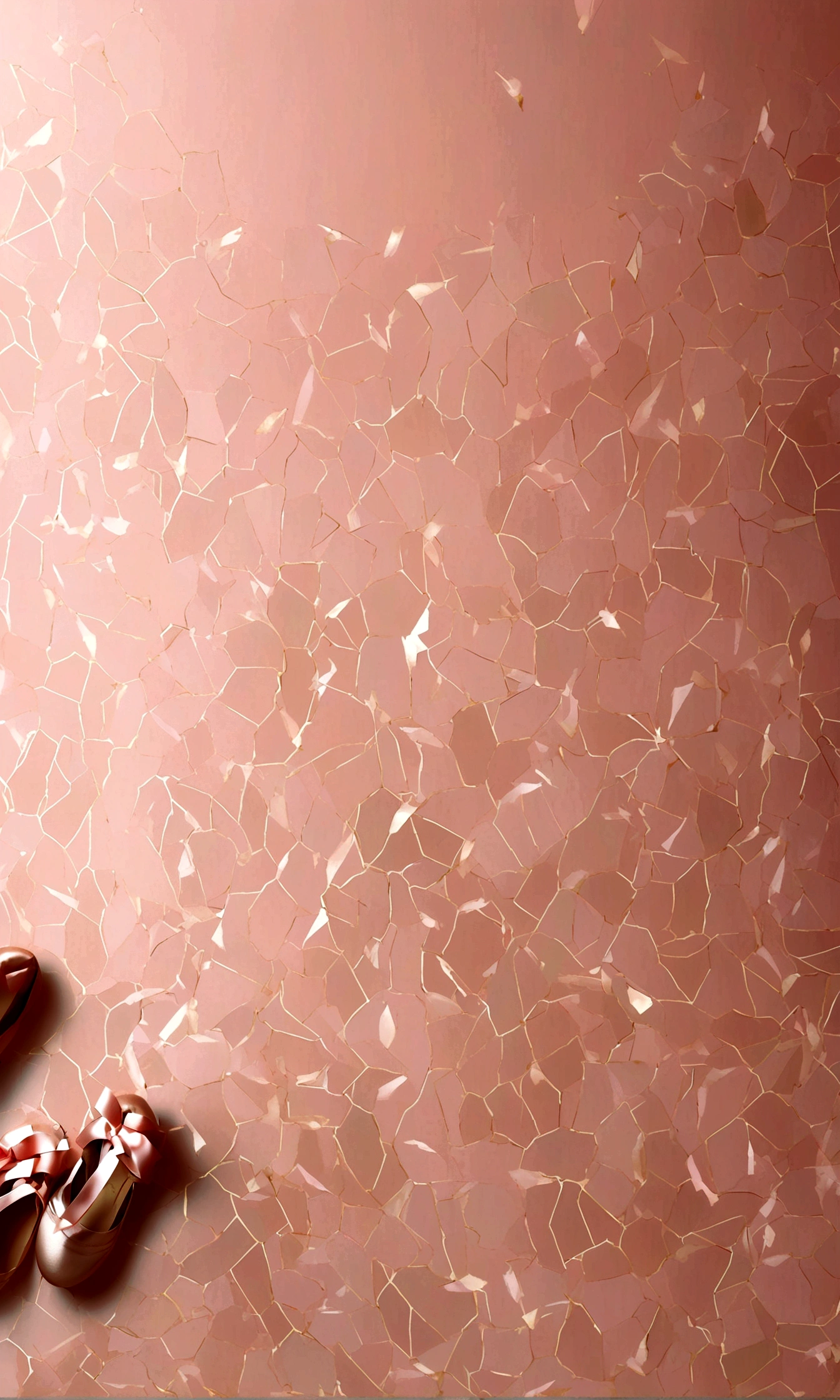 Banner graph；poster；There is a pair of small ballet shoes in the corner of the picture，Wrapped in a pink ribbon；Ribbons fill the screen；dream，mystery；Big scene；Golden pink hue。Low saturation；Background pure，Simplicity。Large blank space in the center。