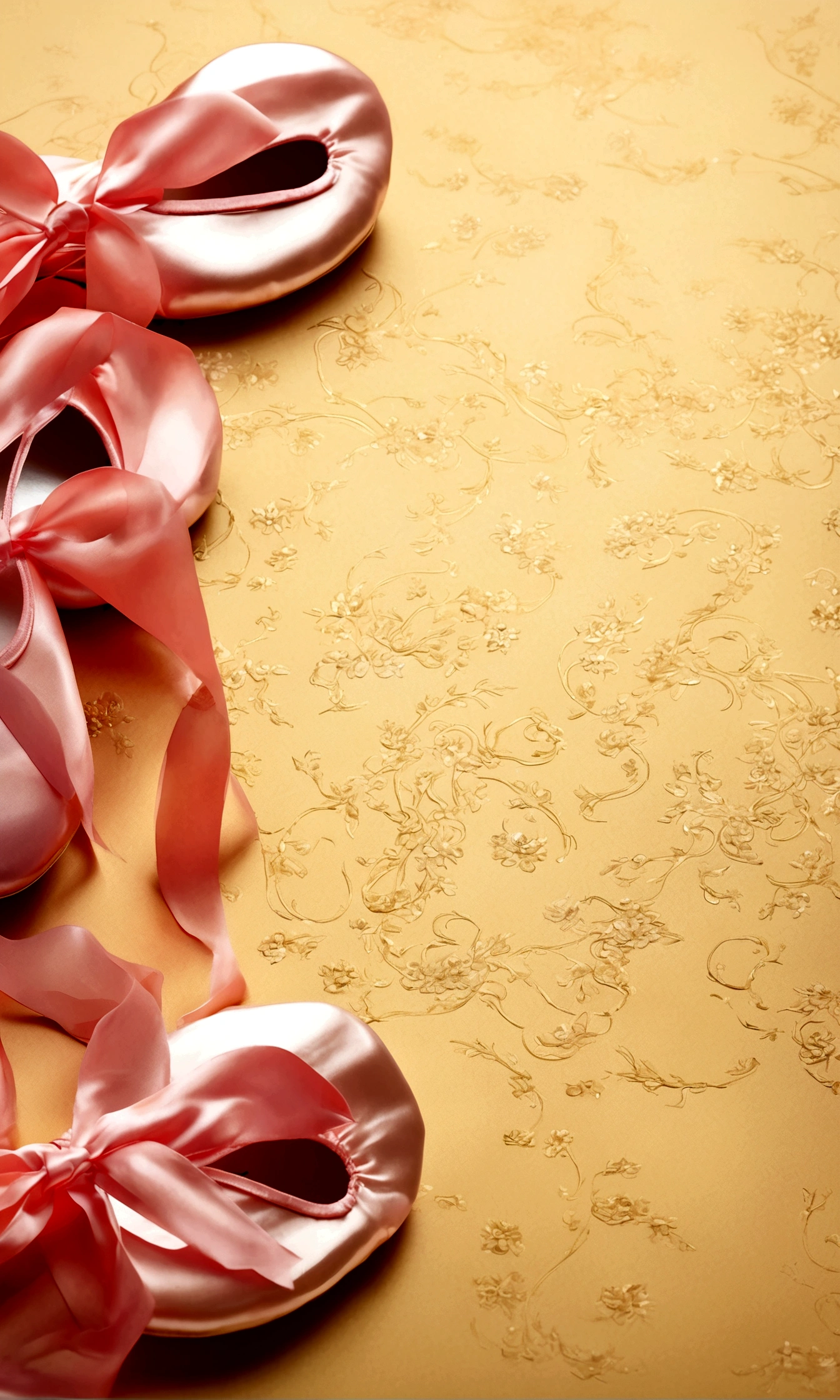 Banner graph;poster;There is a pair of small ballet shoes in the corner of the picture,Wrapped in a pink ribbon;Ribbons fill the screen;dream,mystery;Big scene;Golden pink hue。Low saturation;Background pure,Simplicity。Large blank space in the center。