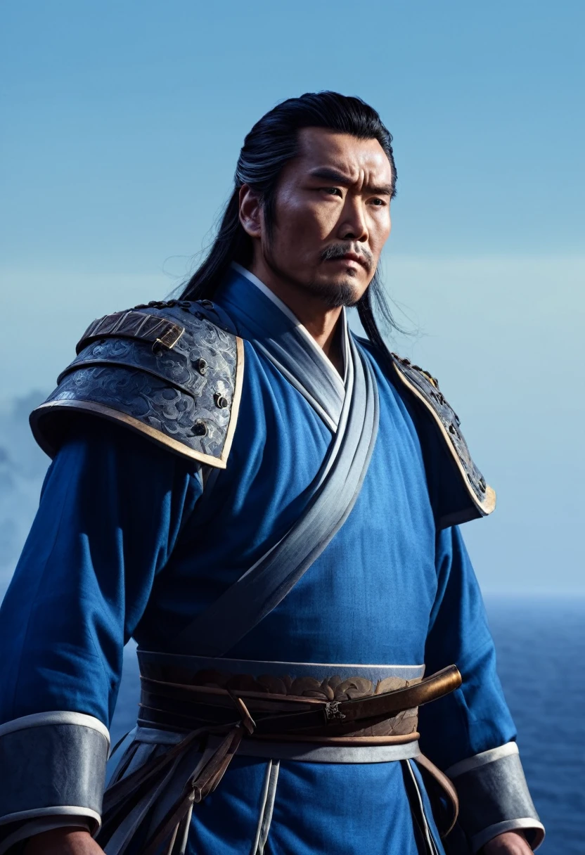Cao Cao stands, gazing at the horizon with determination in his eyes