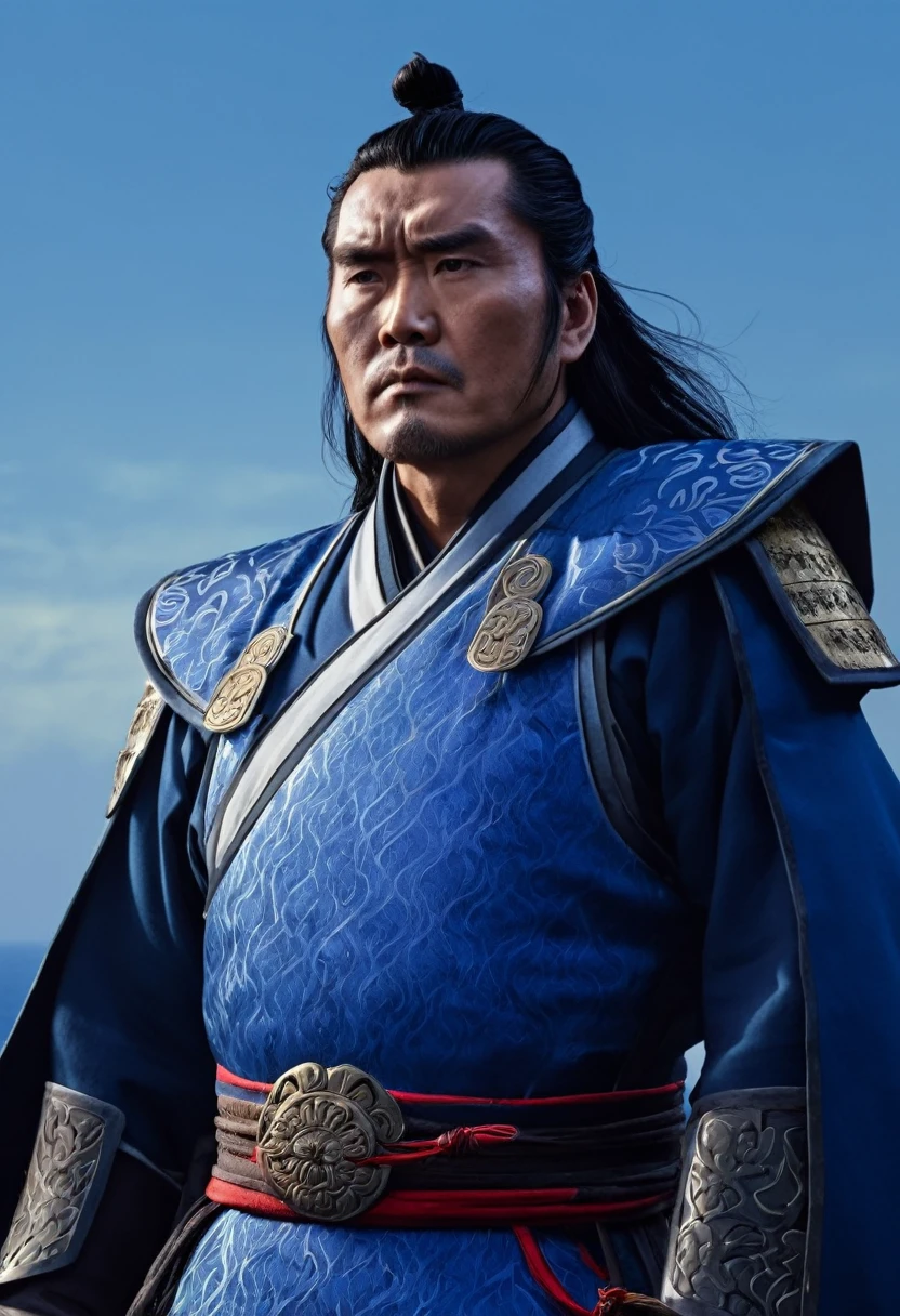 Cao Cao stands, gazing at the horizon with determination in his eyes